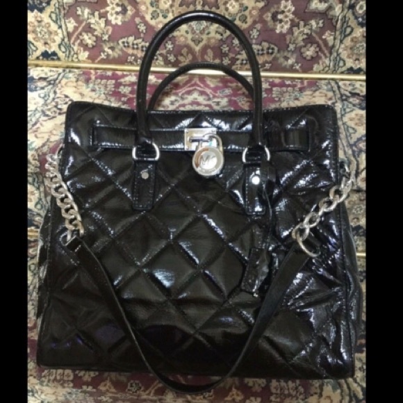 Michael Kors HAMILTON Black PATENT LEATHER Quilted Satchel Handbag Shoulder Bag - Picture 11 of 15